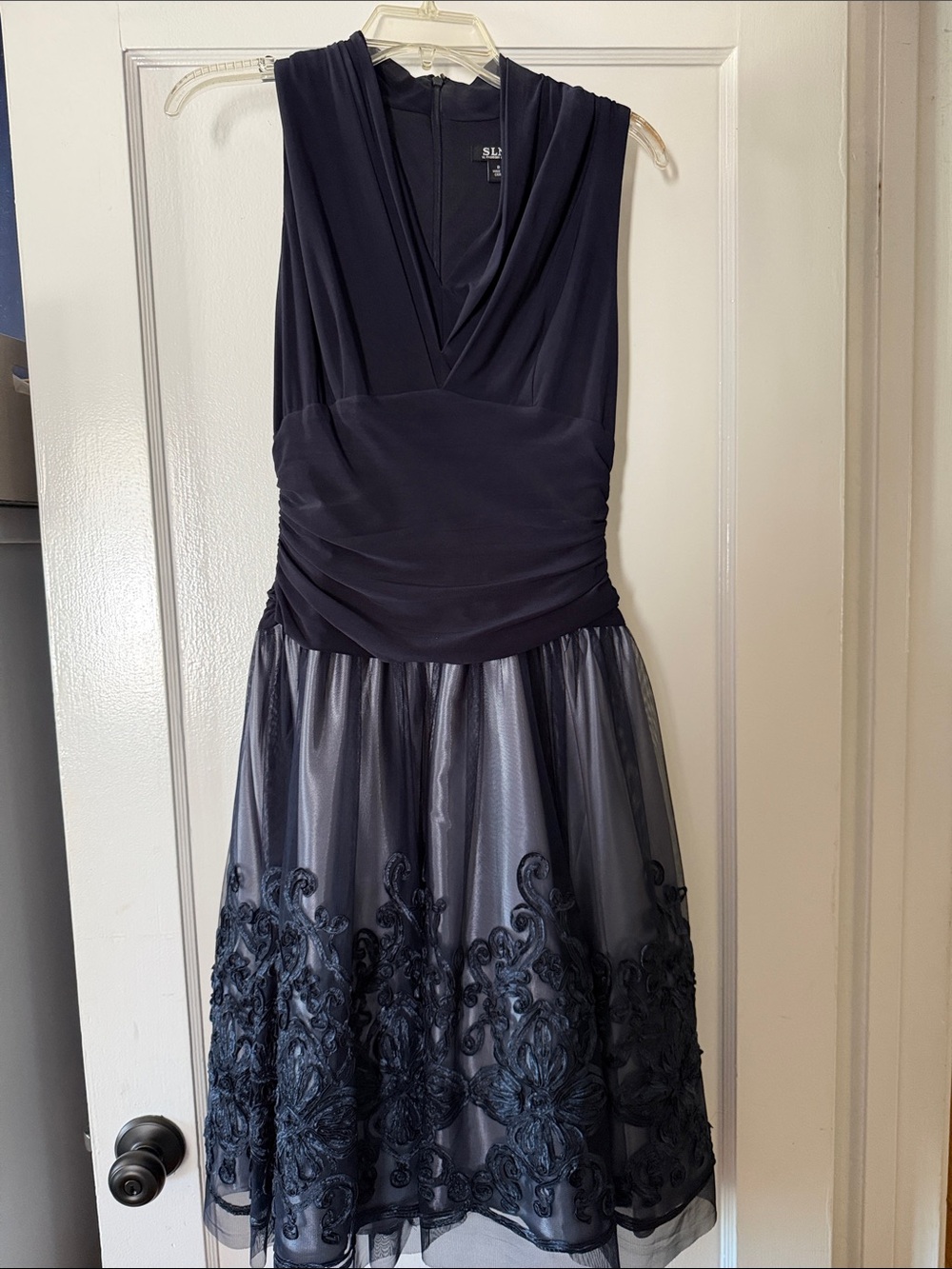 SL Fashions Navy Sleeveless Draped V-Neck Embroidered Tulle Midi Dress